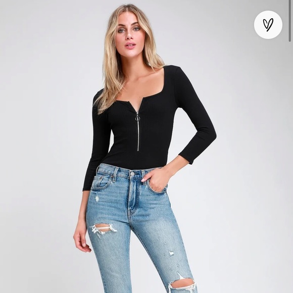 Lulu’s Talk to the Hand Black Ribbed Zip-Front Bodysuit - Picture 1 of 12